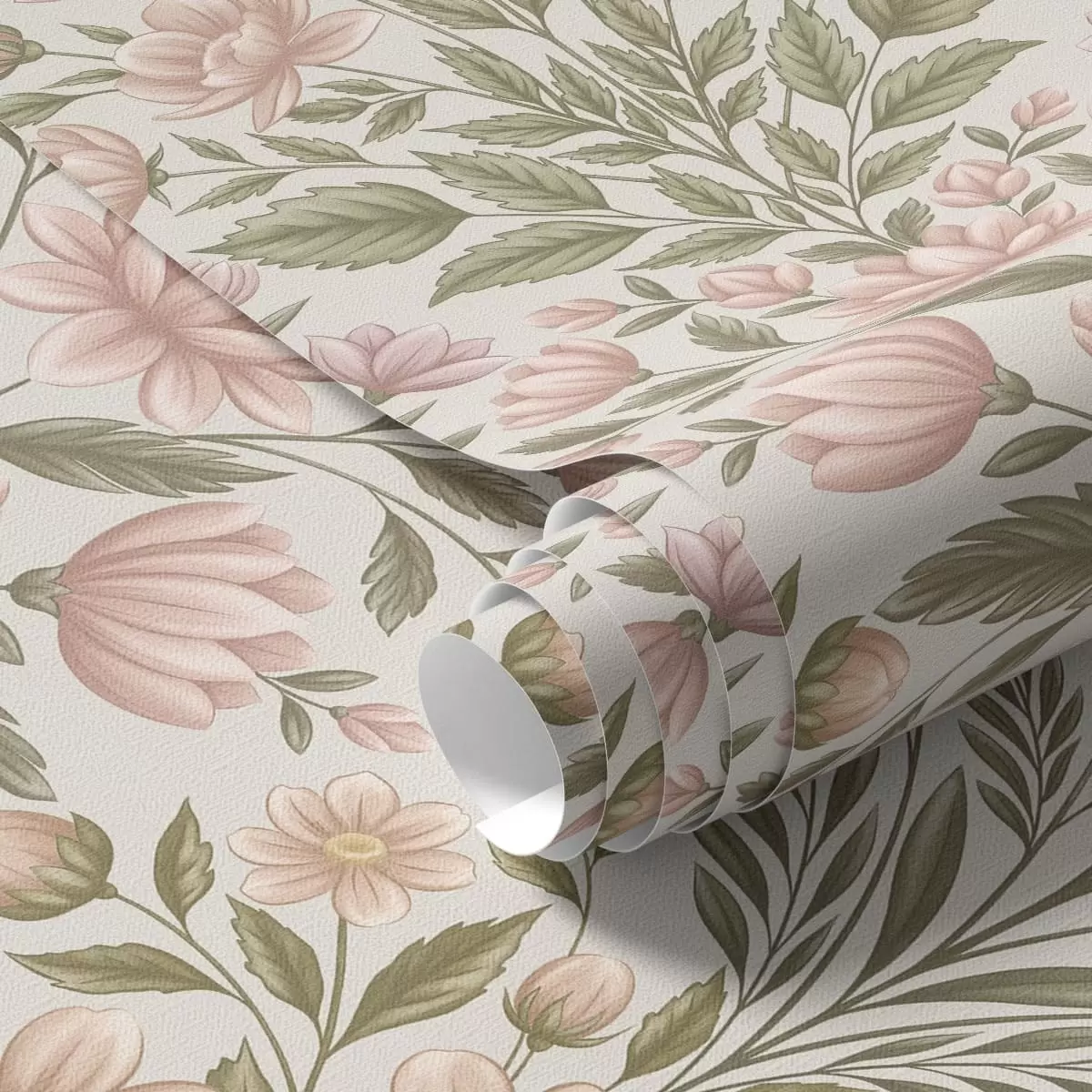 Papel de parede Flores em tom de rosa suave e folhas em verde-oliva sobre um fundo claro a01279v2