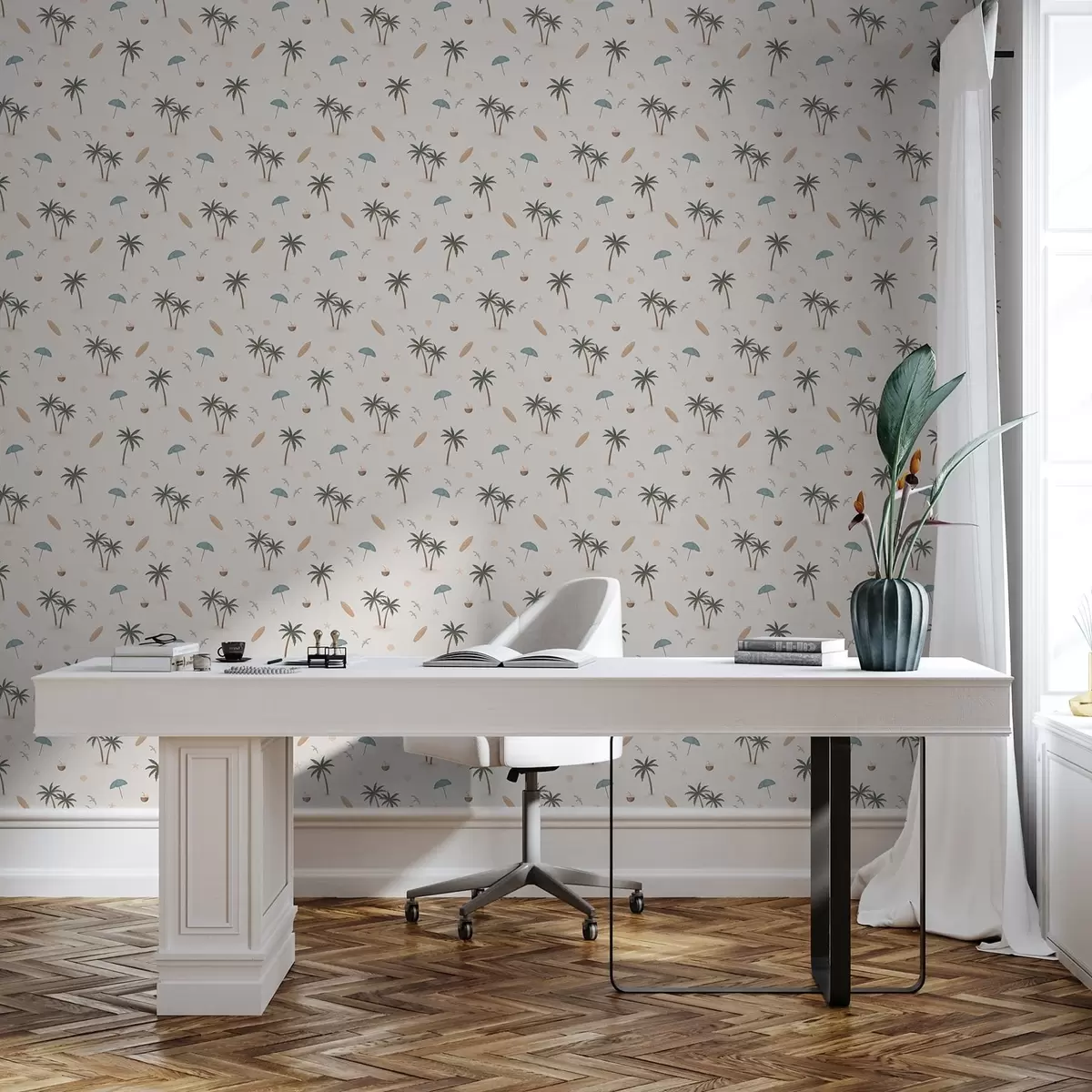 Papel de parede Palmeiras tropicais, pássaros e guarda-sóis em um fundo claro a01280