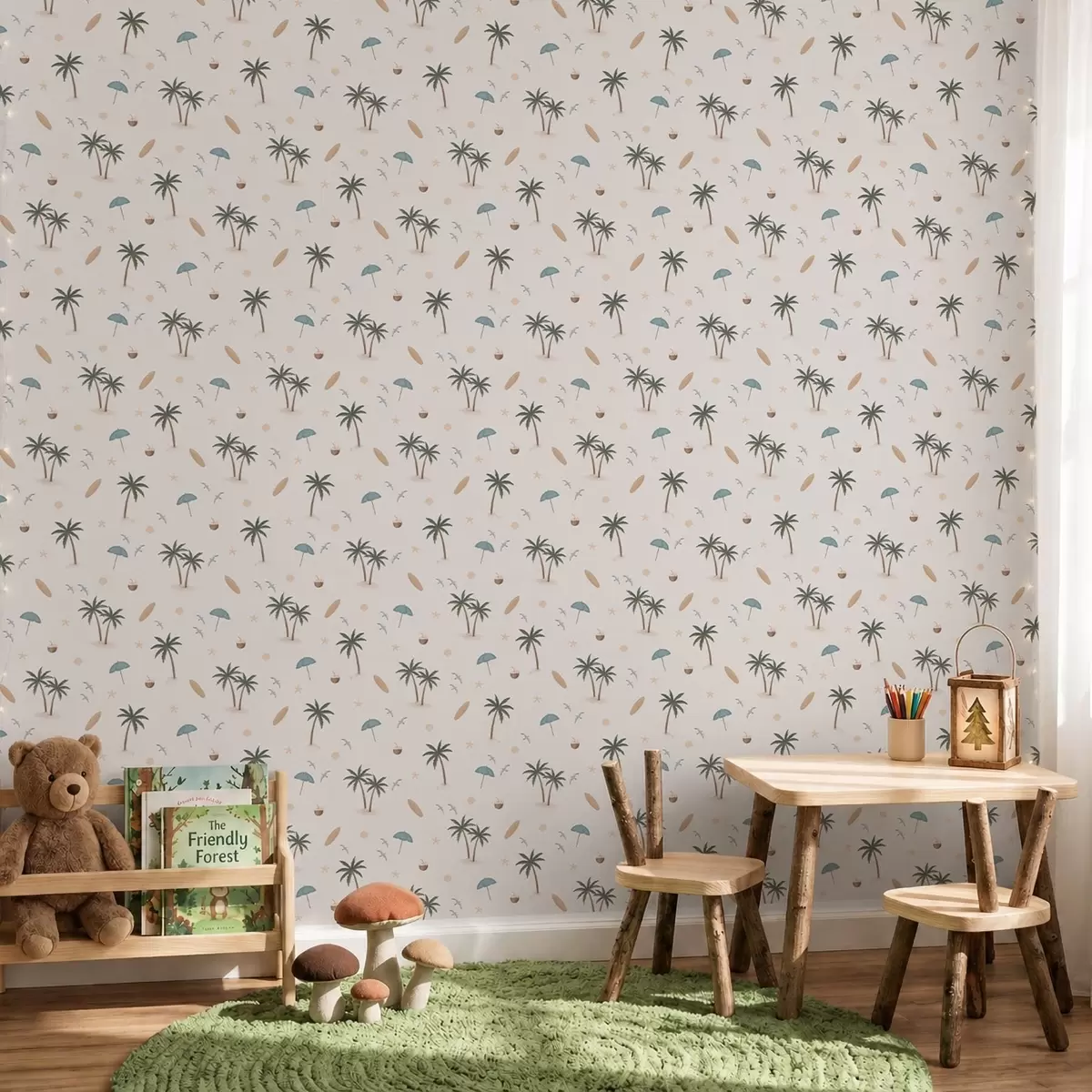 Papel de parede Palmeiras tropicais, pássaros e guarda-sóis em um fundo claro a01280