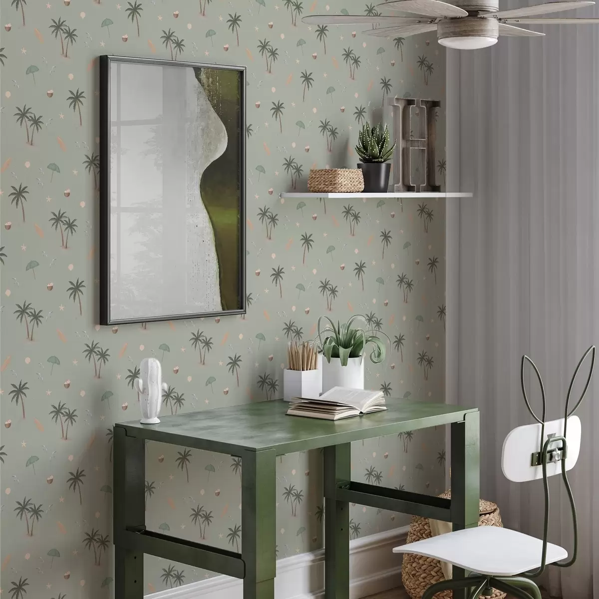 Papel de parede Palmeiras tropicais, pássaros e conchas marinhas sobre um fundo verde-salva a01280v1