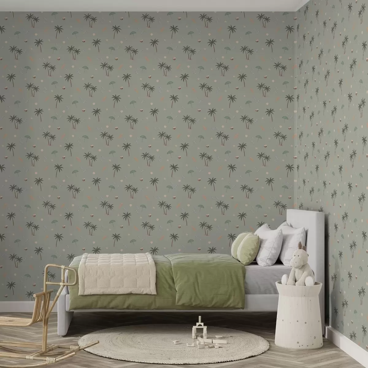Papel de parede Palmeiras tropicais, pássaros e conchas marinhas sobre um fundo verde-salva a01280v1