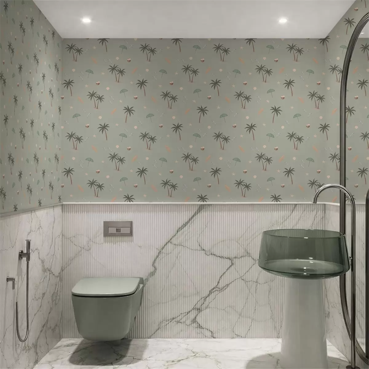 Papel de parede Palmeiras tropicais, pássaros e conchas marinhas sobre um fundo verde-salva a01280v1