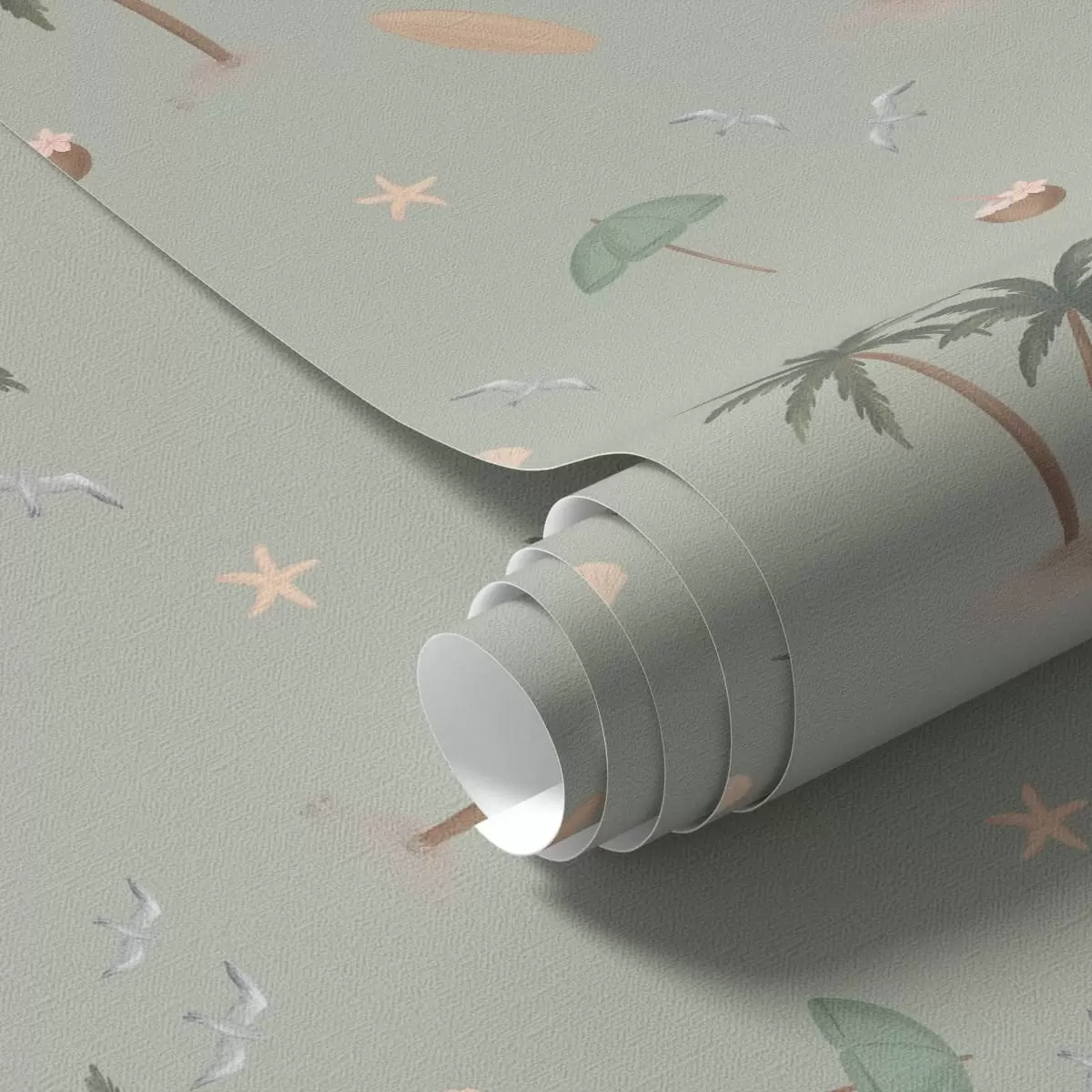 Papel de parede Palmeiras tropicais, pássaros e conchas marinhas sobre um fundo verde-salva a01280v1