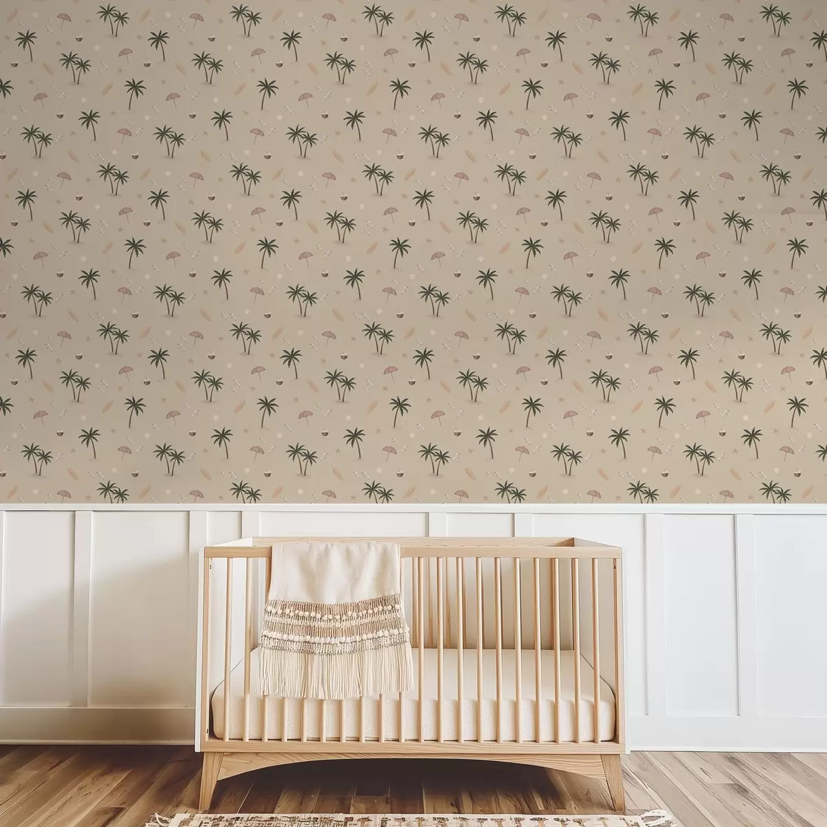 Papel de parede Palmeiras tropicais, pássaros e guarda-chuvas rosa sobre um fundo bege a01280v2