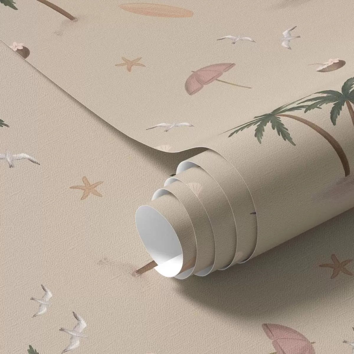 Papel de parede Palmeiras tropicais, pássaros e guarda-chuvas rosa sobre um fundo bege a01280v2