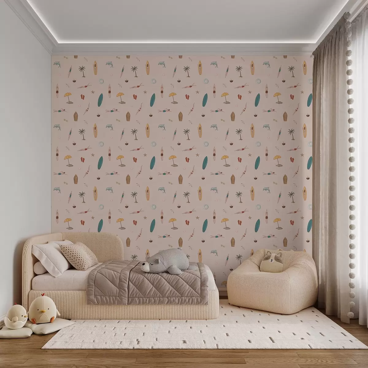 Papel de parede Nadadores, golfinho, palmeira e prancha de surfe em um fundo bege a01275