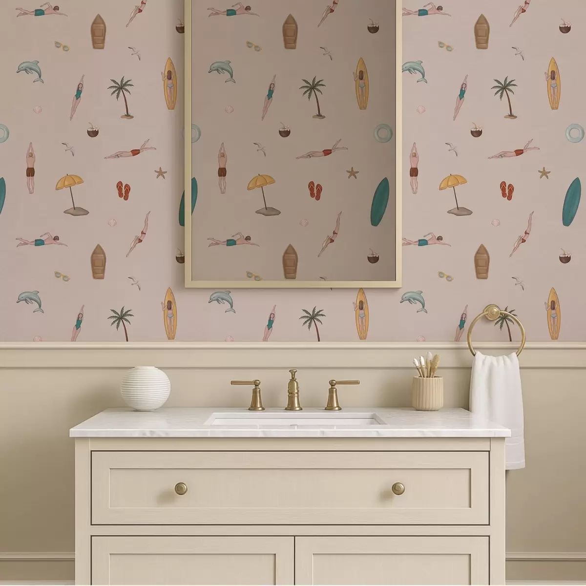 Papel de parede Nadadores, golfinho, palmeira e prancha de surfe em um fundo bege a01275