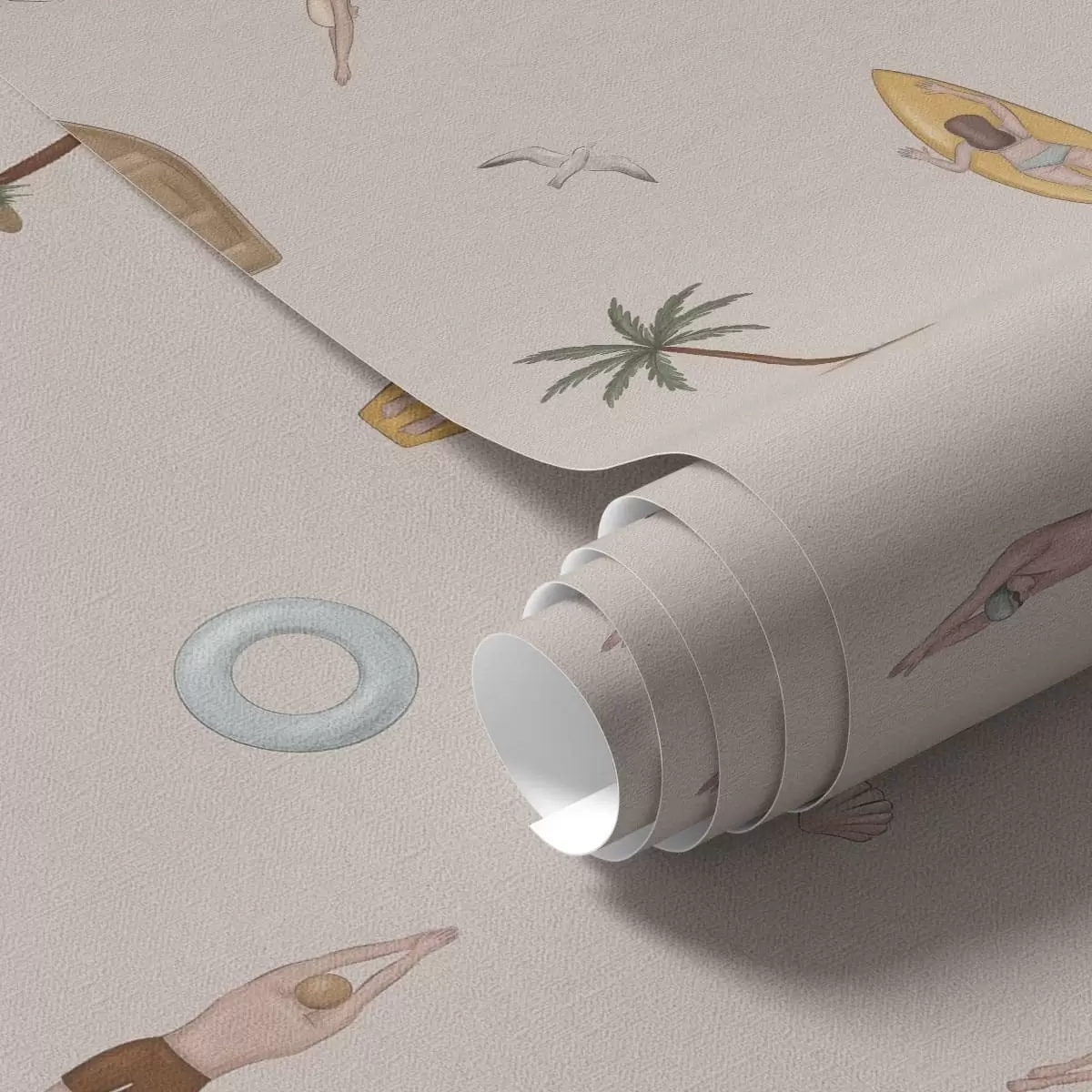 Papel de parede Nadadores, golfinho, palmeira e prancha de surfe em um fundo bege a01275