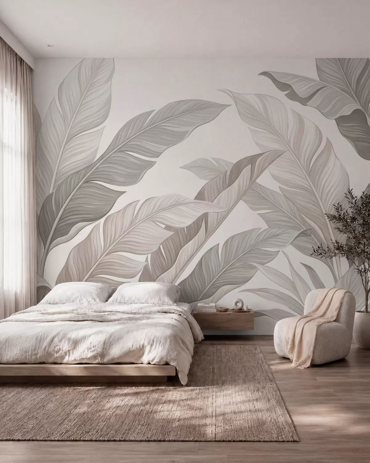 murais de parede Folhas botânicas delicadas em tons naturais de bege e verde-salva w10089