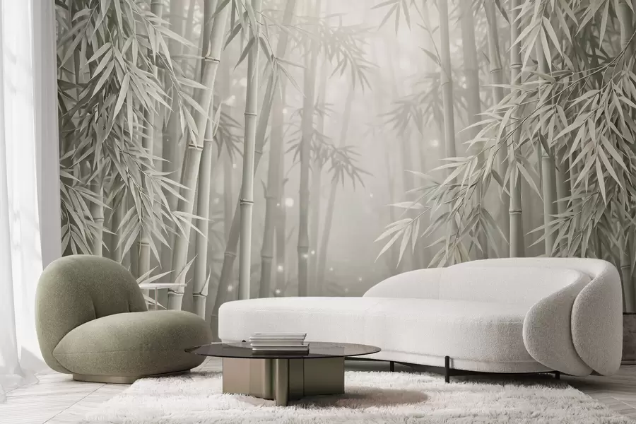 murais de parede Floresta mística de bambu envolta em uma névoa suave, com tons suaves de verde-oliva e branco leitoso w10090