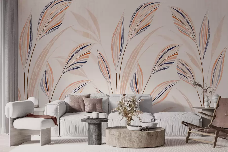 murais de parede Gramíneas decorativas abstratas com folhas alongadas e elegantes em tons de pêssego, creme e azul aquarelado w10093