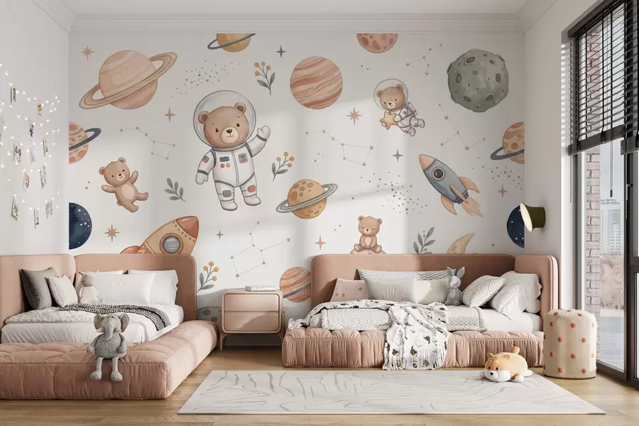 murais de parede Fofos ursinhos-de-pelúcia astronautas entre planetas, foguetes e estrelas, em um estilo suave de aquarela em tons pastéis w10096