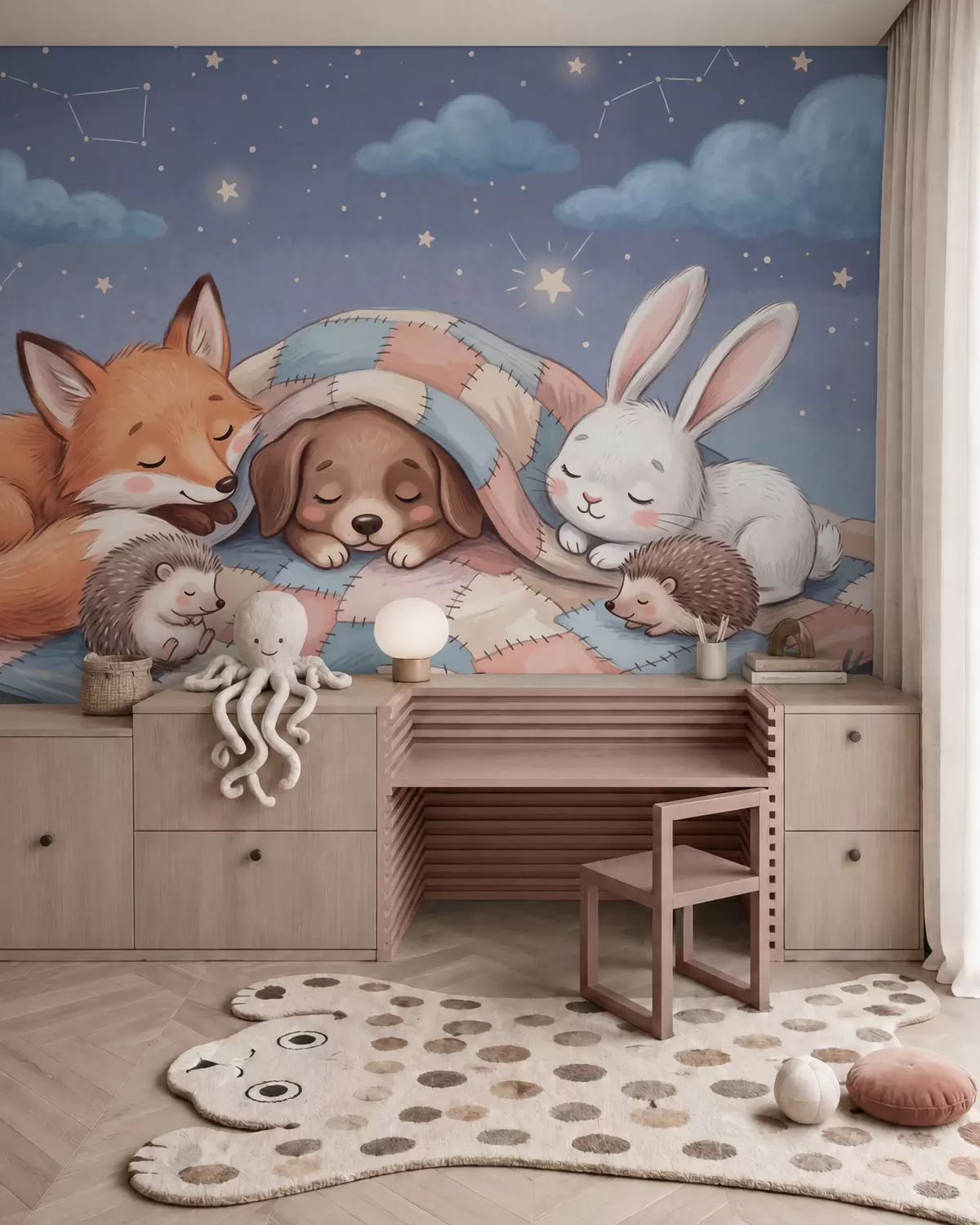 murais de parede Animais da floresta cheios de fantasia dormindo sob um céu estrelado, em um aconchegante cobertor de retalhos, em uma encantadora ilustração em aquarela w10098