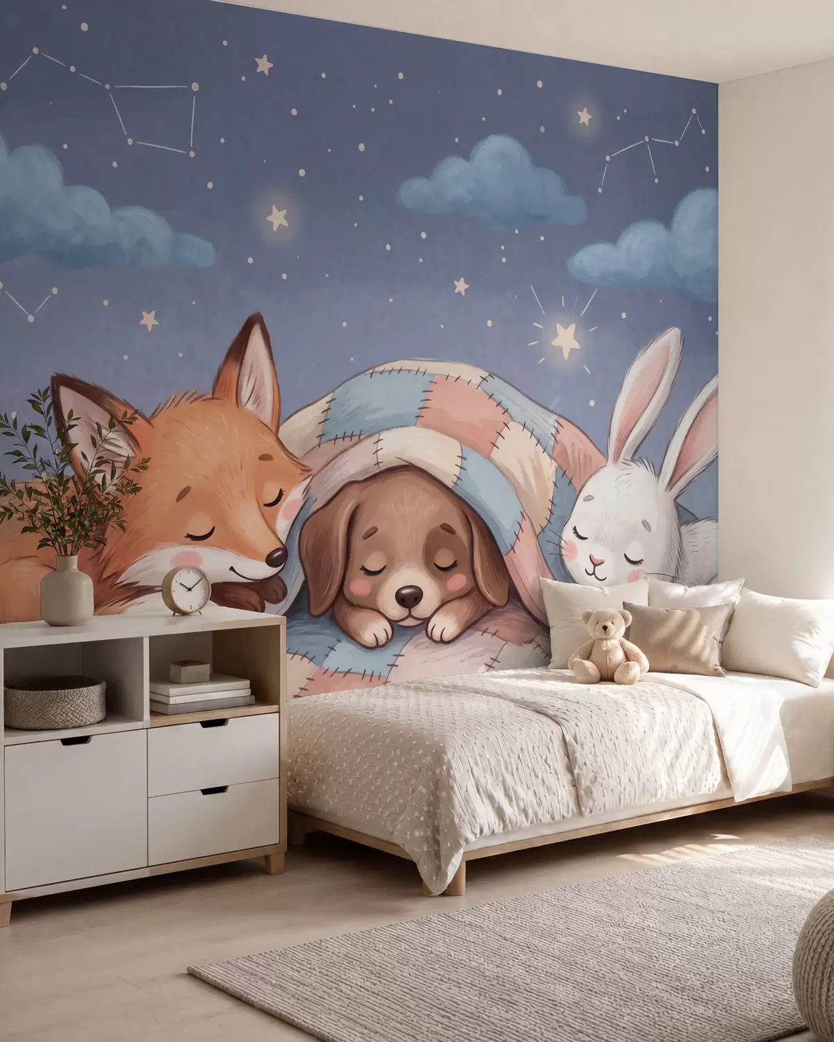 murais de parede Animais da floresta cheios de fantasia dormindo sob um céu estrelado, em um aconchegante cobertor de retalhos, em uma encantadora ilustração em aquarela w10098
