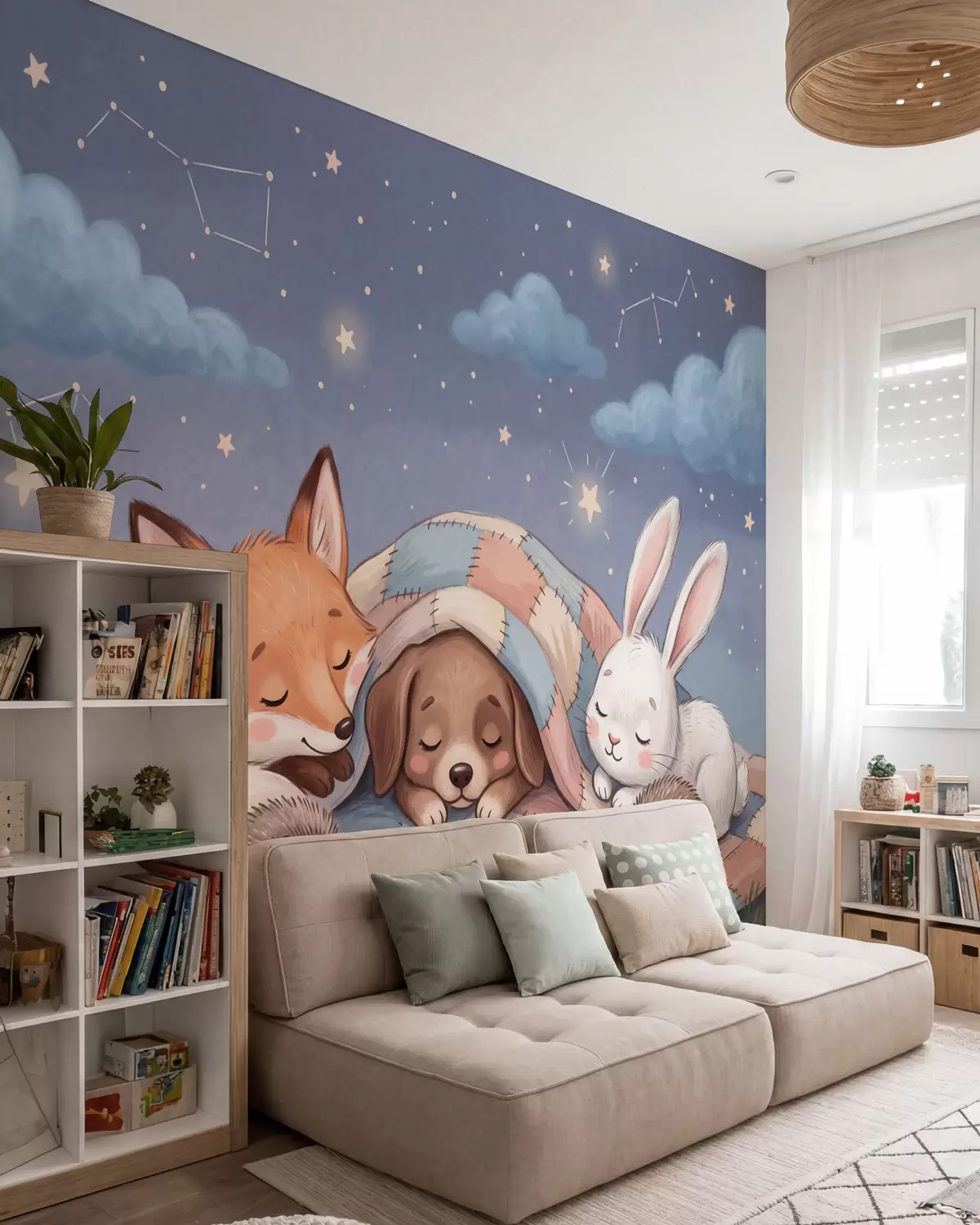 murais de parede Animais da floresta cheios de fantasia dormindo sob um céu estrelado, em um aconchegante cobertor de retalhos, em uma encantadora ilustração em aquarela w10098