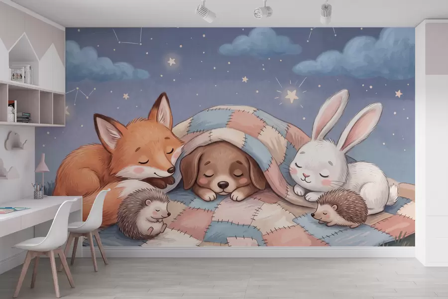 murais de parede Animais da floresta cheios de fantasia dormindo sob um céu estrelado, em um aconchegante cobertor de retalhos, em uma encantadora ilustração em aquarela w10098
