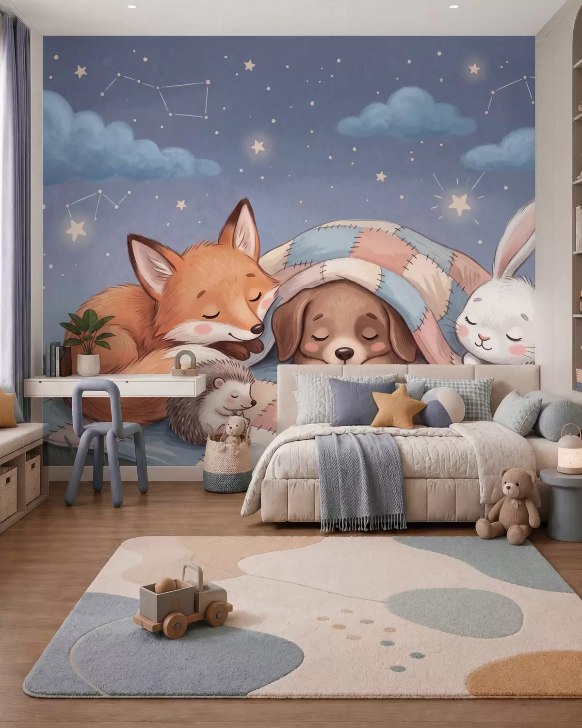 murais de parede Animais da floresta cheios de fantasia dormindo sob um céu estrelado, em um aconchegante cobertor de retalhos, em uma encantadora ilustração em aquarela w10098
