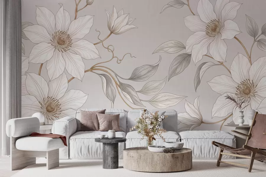 murais de parede Flores botânicas brancas e elegantes com galhos delicados w10099