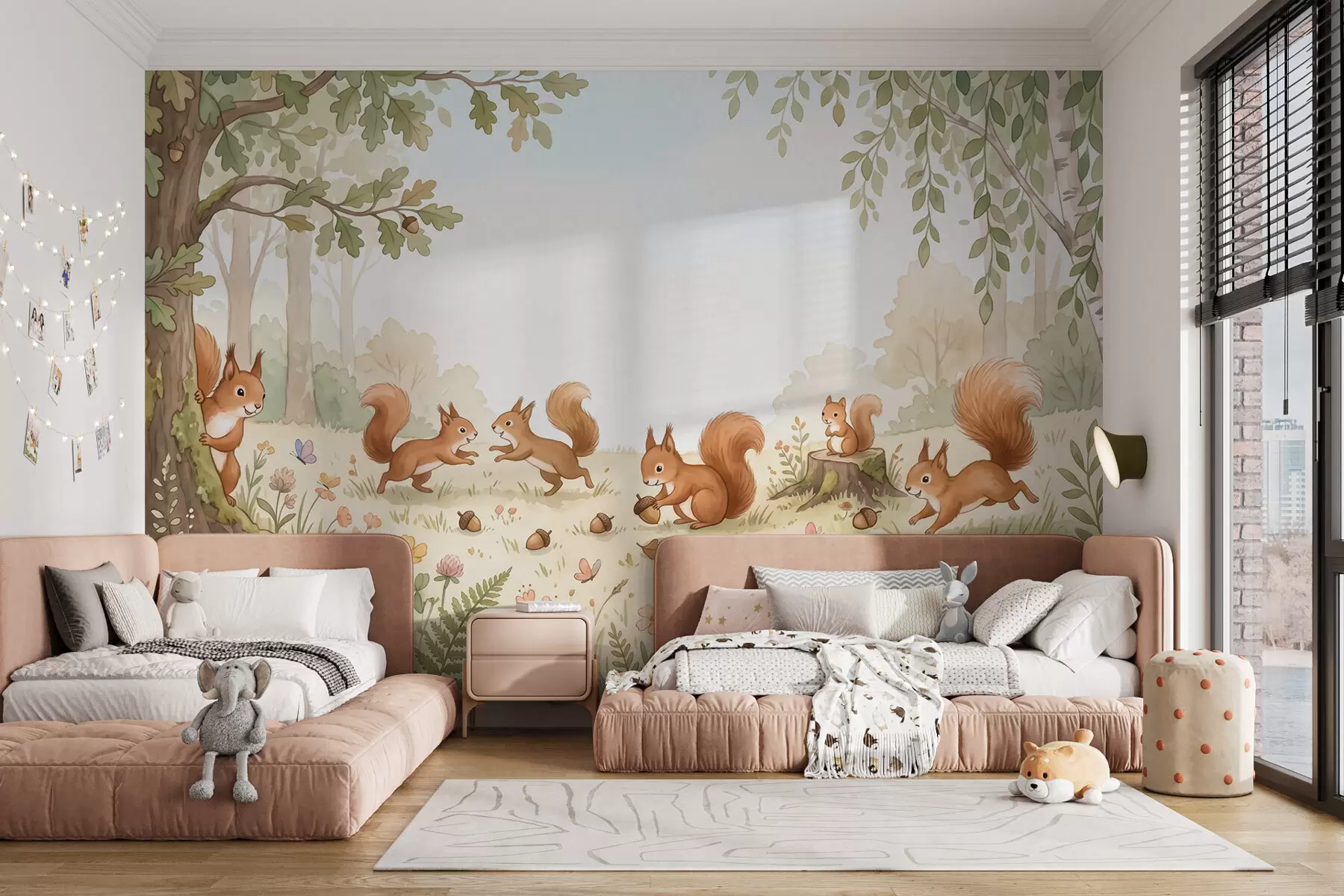 murais de parede Floresta no outono com esquilos vermelhos fofinhos, bolotas e delicadas flores silvestres, em estilo aquarela w10102