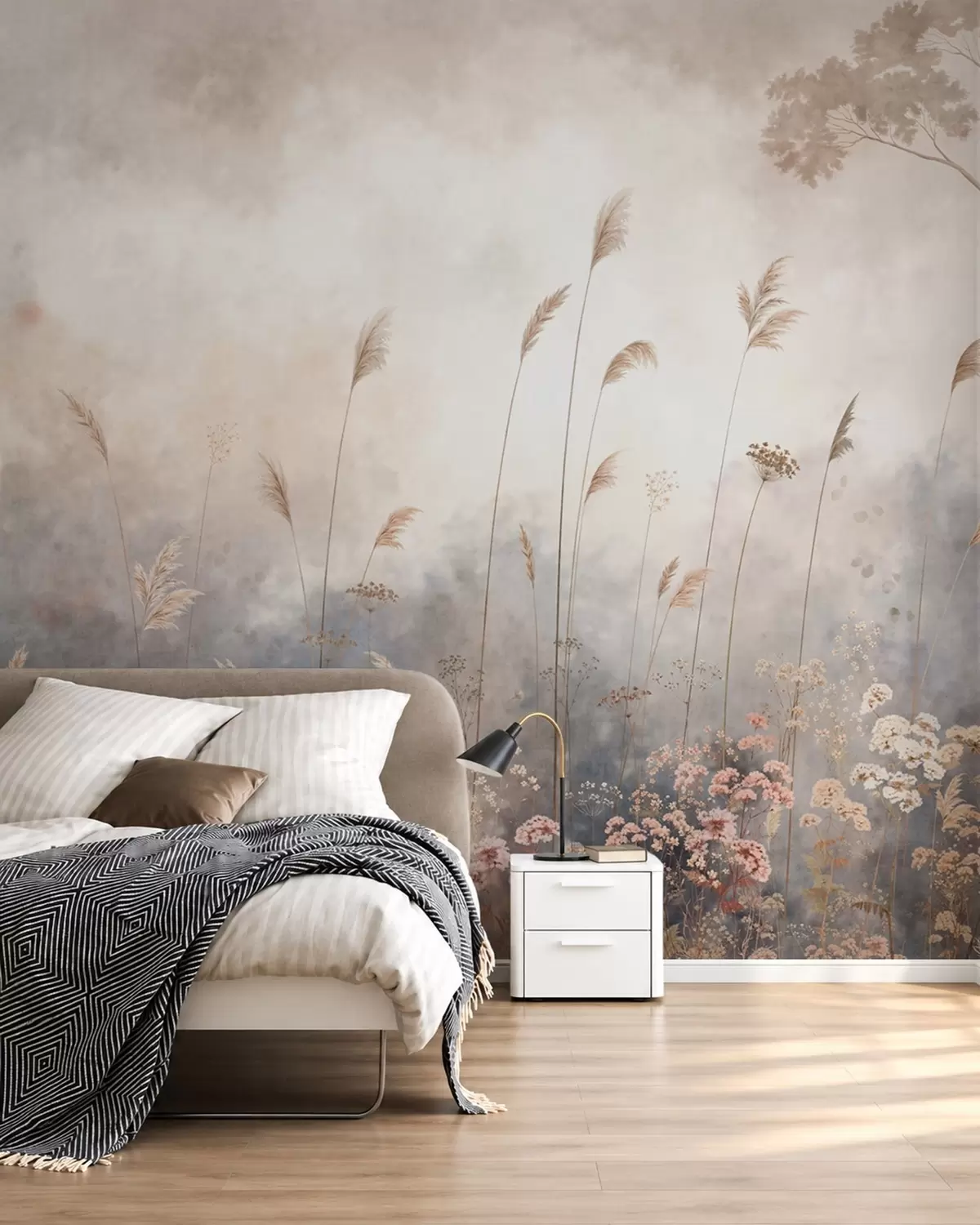 murais de parede Flores silvestres e gramíneas altas em uma paisagem enevoada w05959
