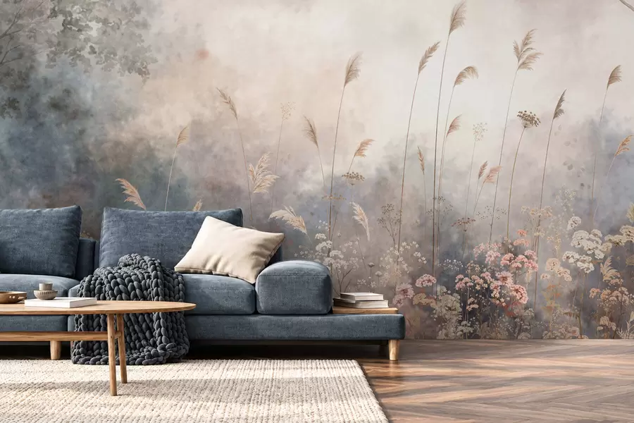 murais de parede Flores silvestres e gramíneas altas em uma paisagem enevoada w05959