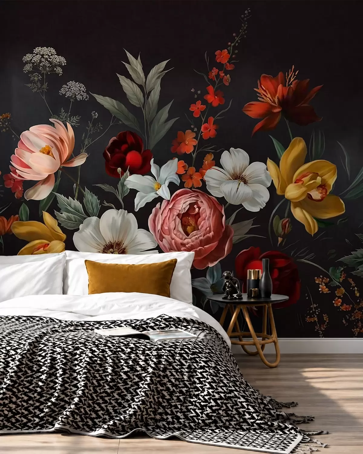 murais de parede Arranjo exuberante de flores coloridas sobre um fundo escuro w05960