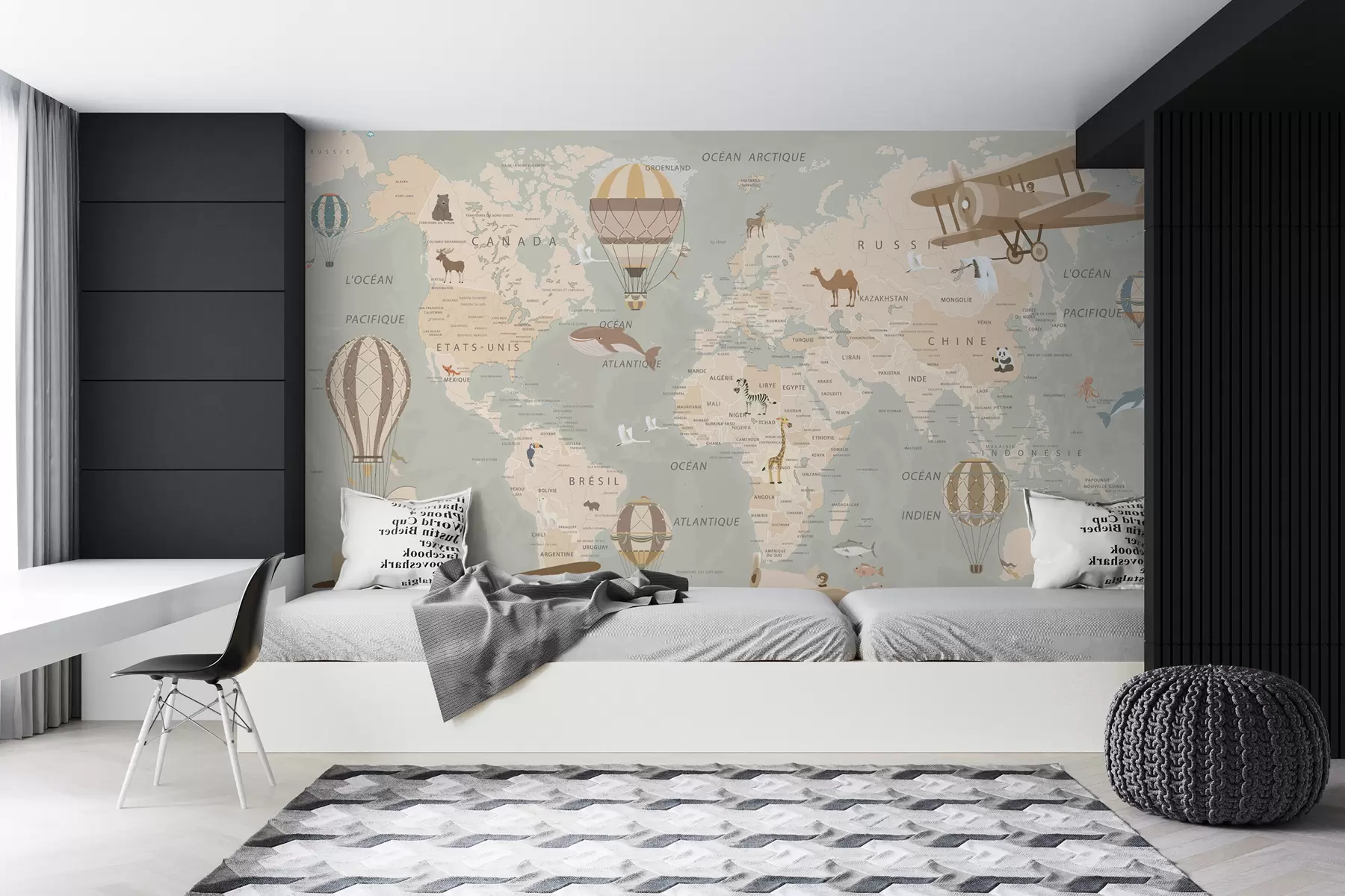 murais de parede Mapa infantil do mundo, aviões e balões u79995