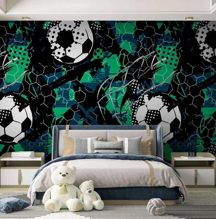 murais de parede Abstração preto-verde e bolas de futebol u73014
