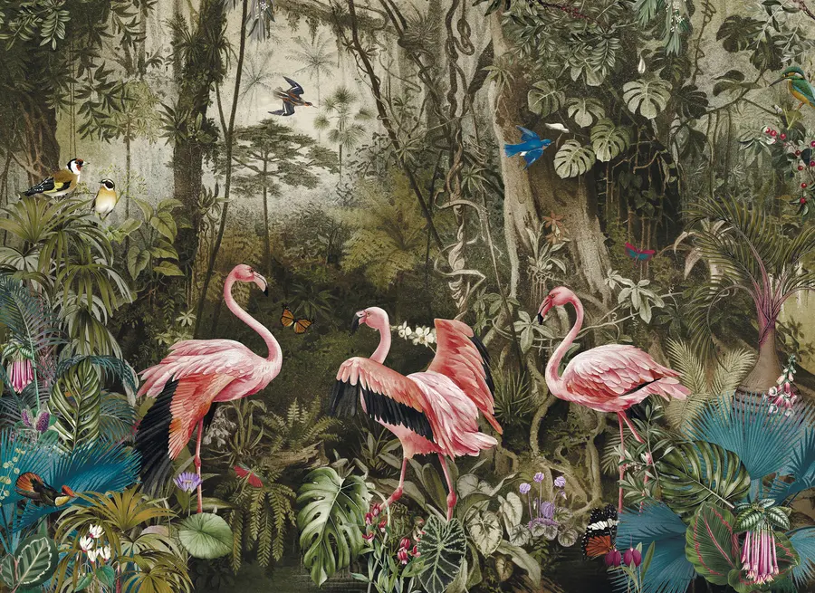murais de parede Aves tropicais e flamingos na selva u73568