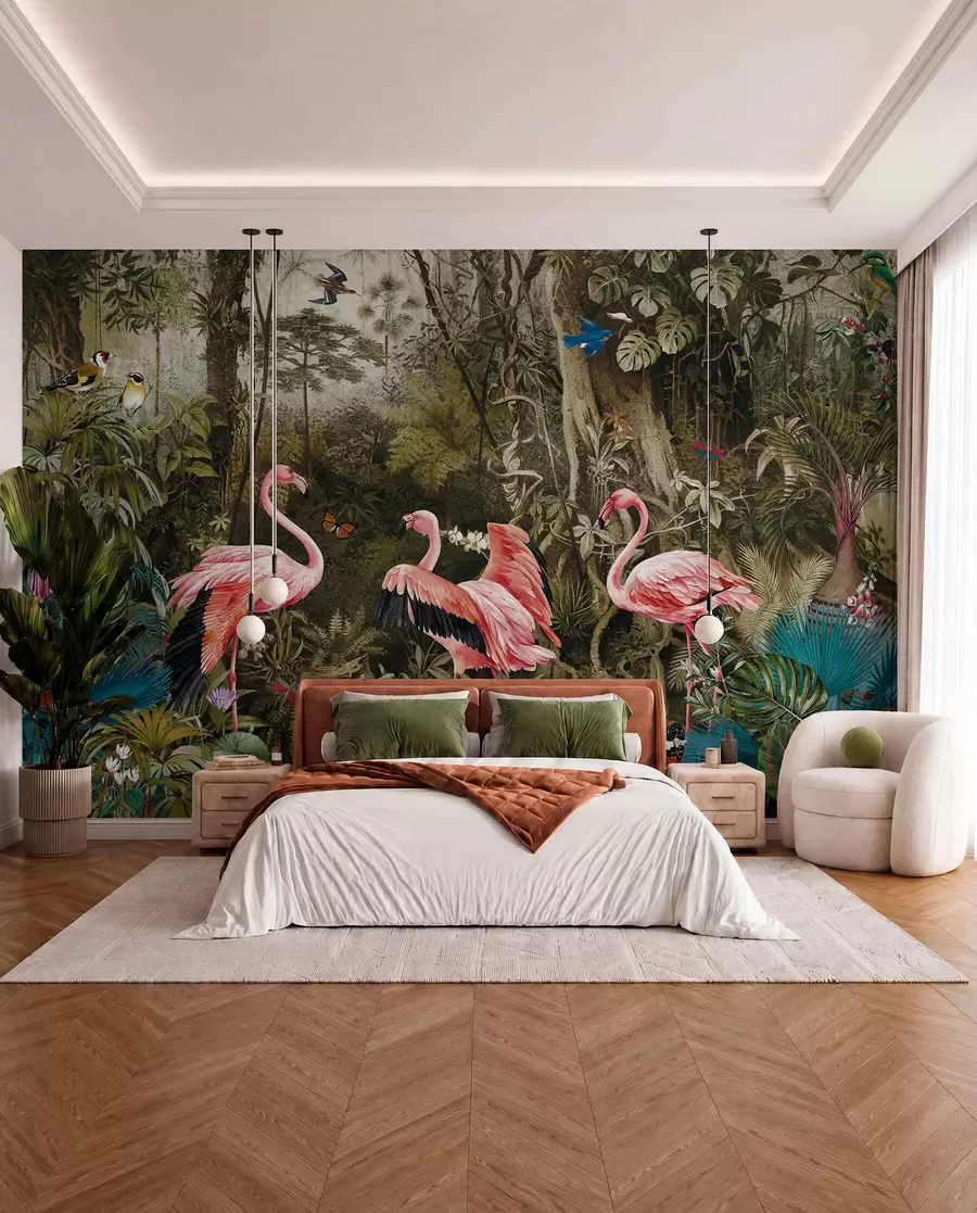 murais de parede Aves tropicais e flamingos na selva u73568
