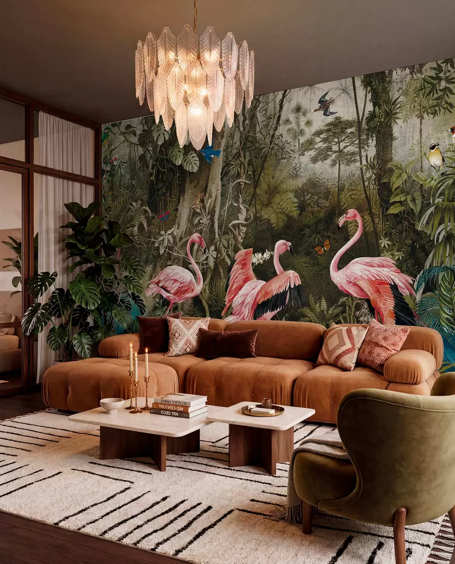 murais de parede Aves tropicais e flamingos na selva u73568