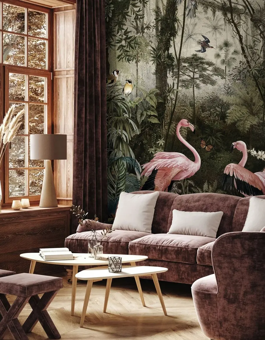 murais de parede Aves tropicais e flamingos na selva u73568