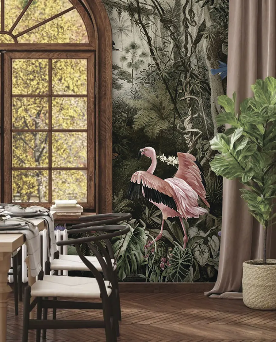 murais de parede Aves tropicais e flamingos na selva u73568