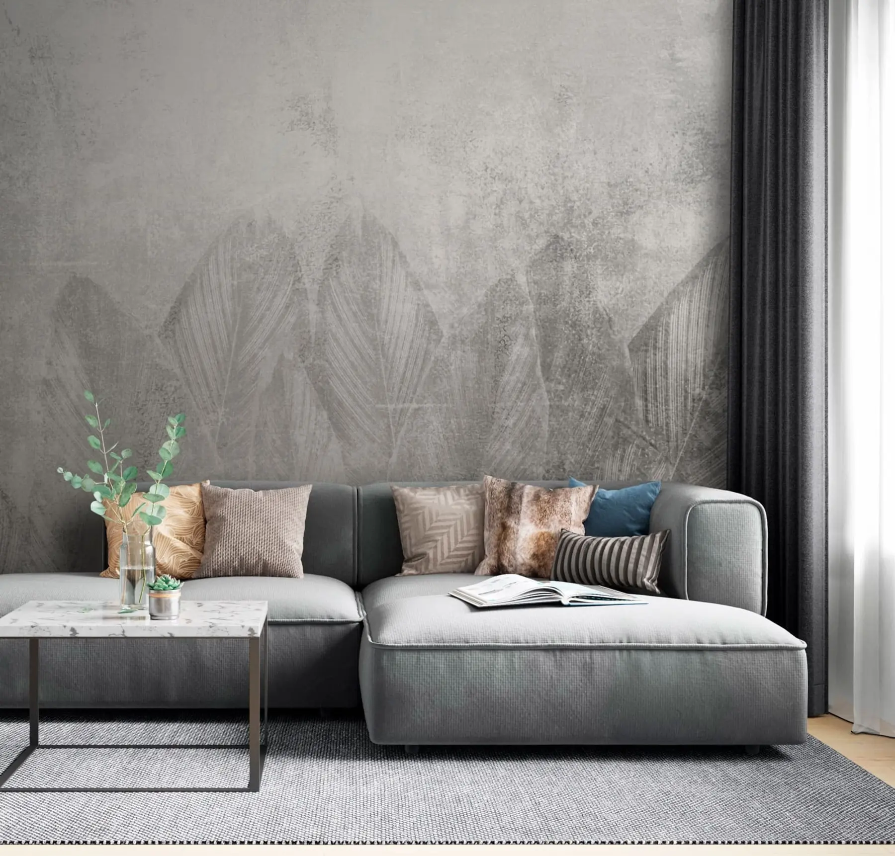 murais de parede Folhas de palmeira de decoração moderna em um fundo de concreto u73876