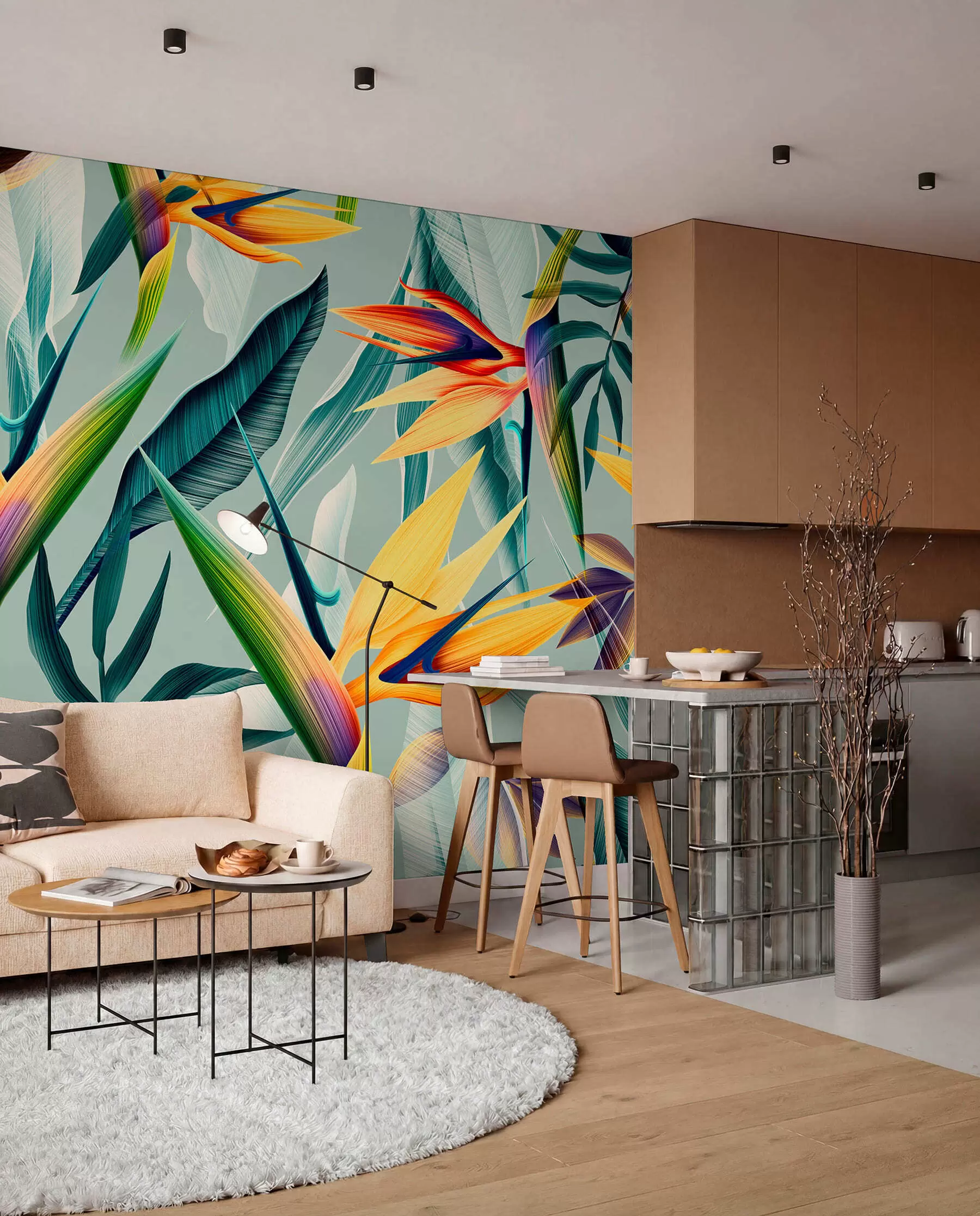 murais de parede Plantas tropicais da moda e folhas em cores brilhantes u73960