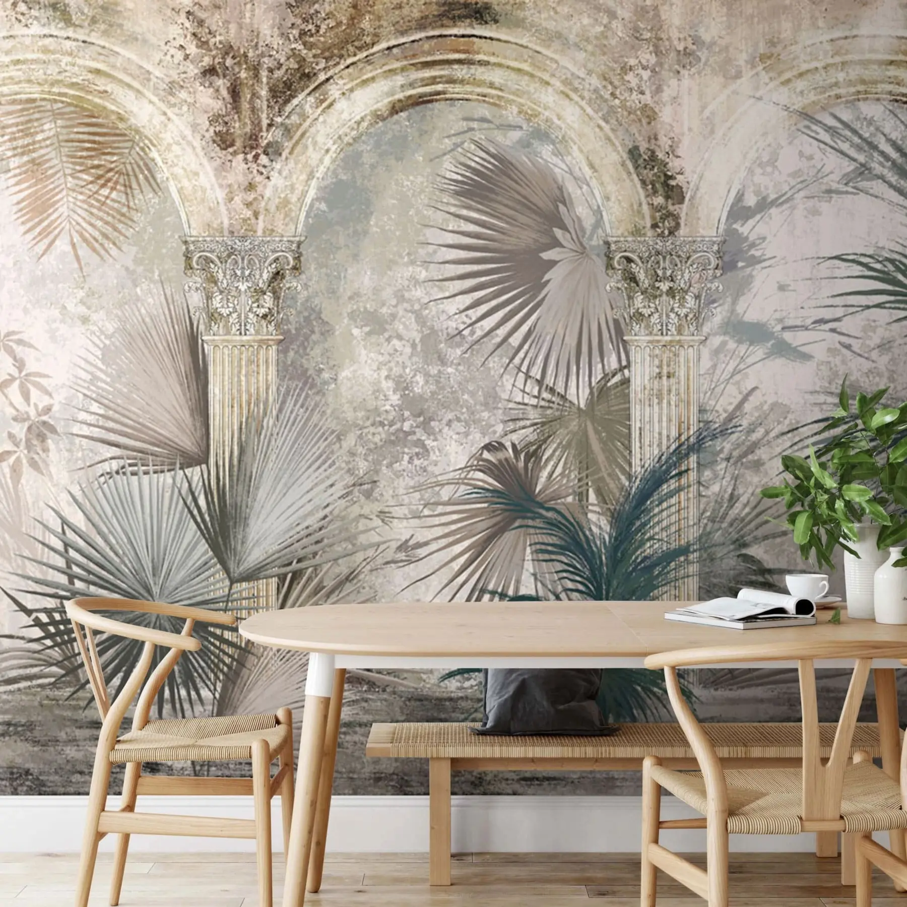 murais de parede Entre as colunas estão plantas e folhas tropicais e exóticas u78667