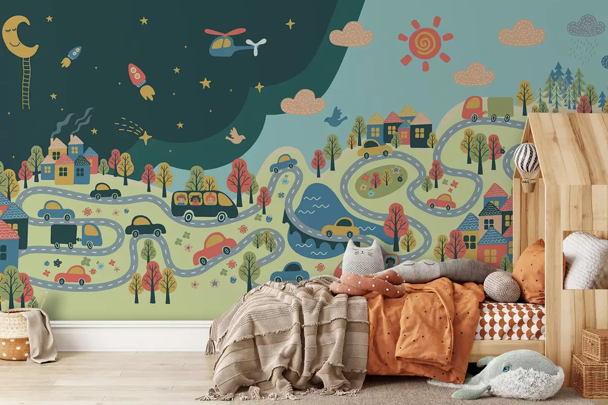 murais de parede Dia, noite com uma animada vida na cidade u93830