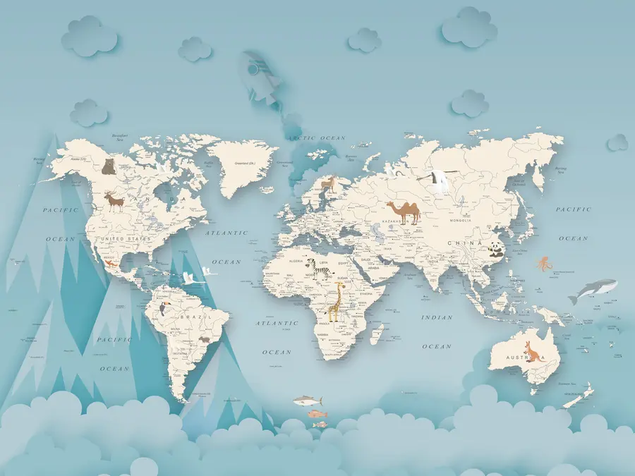murais de parede Mapa do mundo no fundo das montanhas u79831