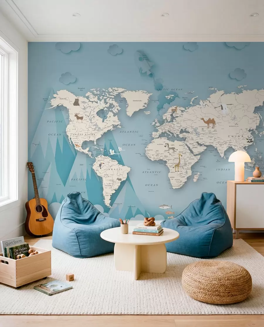 murais de parede Mapa do mundo no fundo das montanhas u79831