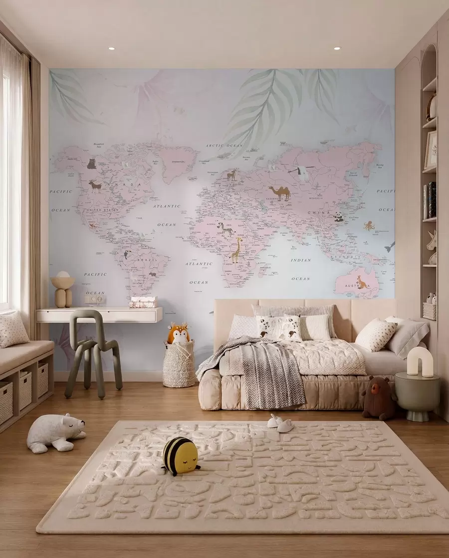 murais de parede Mapa do mundo para meninas em estilo rosa u79832
