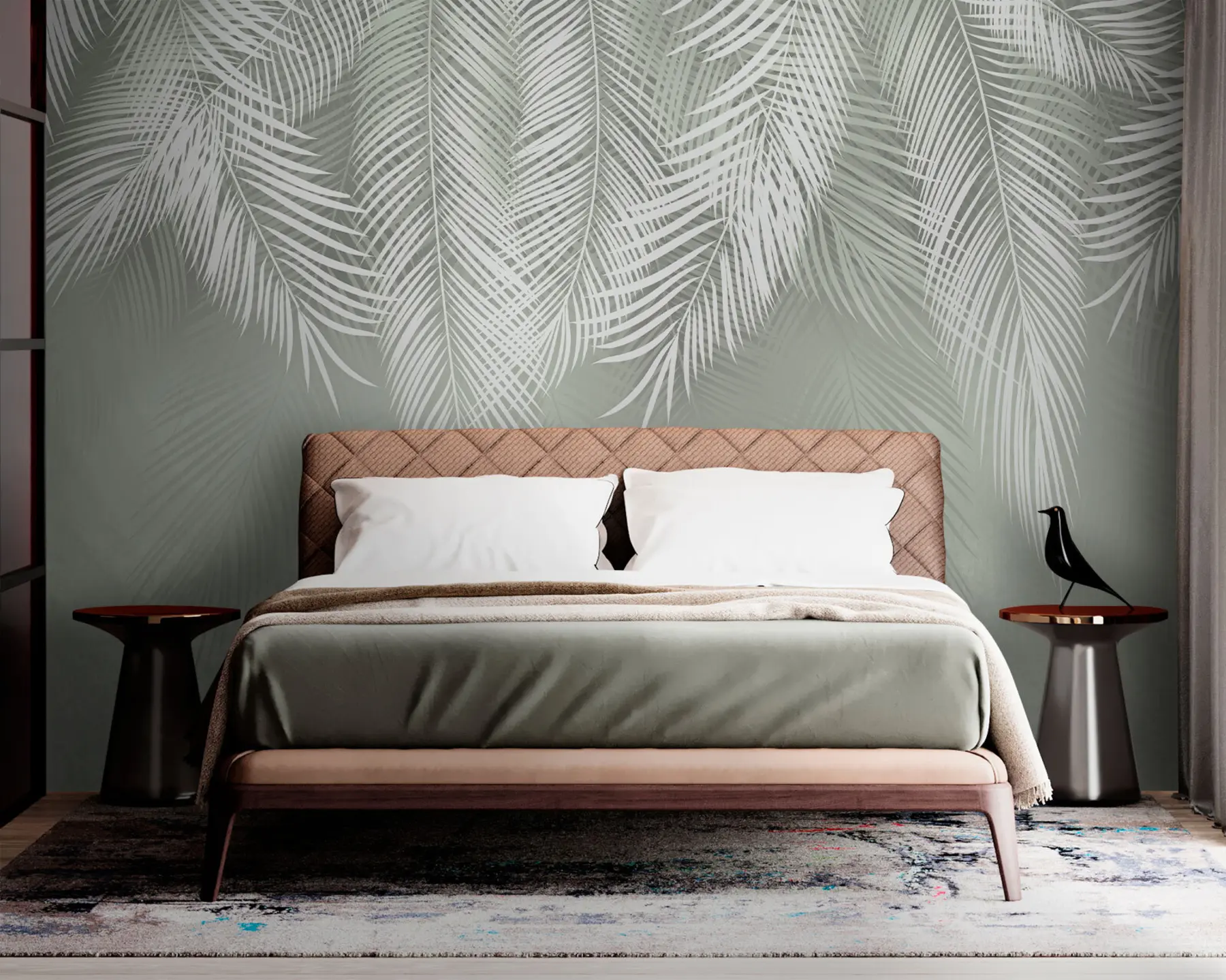 murais de parede Palmas brancas de galhos sobre um fundo verde u74489