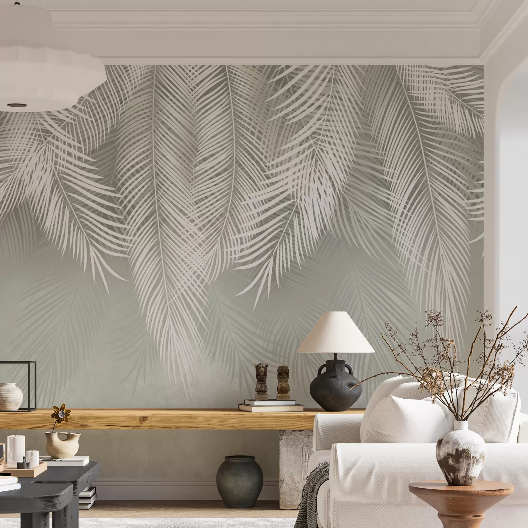 murais de parede Palmas brancas de galhos sobre um fundo verde u74489