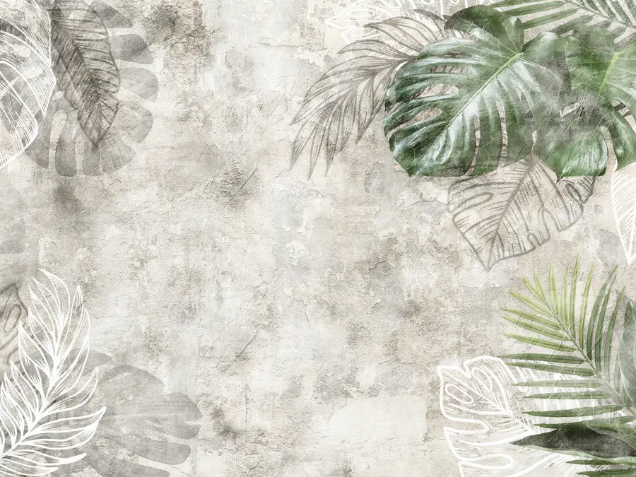 murais de parede Folhas tropicais em uma parede envelhecida u93964