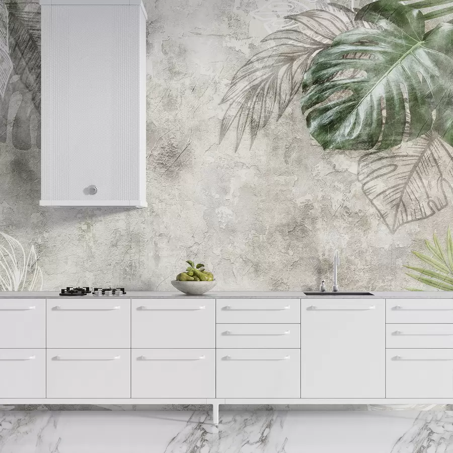 murais de parede Folhas tropicais em uma parede envelhecida u93964