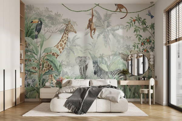 Papel de parede Panorama da selva com animais, Papel de parede Para Criancas, u74709 : uwalls.com.br