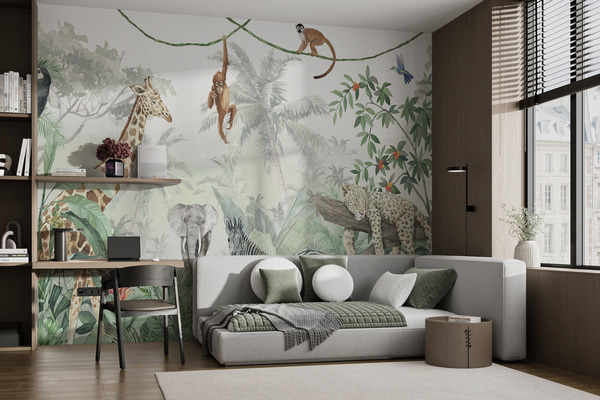 Papel de parede Panorama da selva com animais, Papel de parede Para Criancas, u74709 : uwalls.com.br