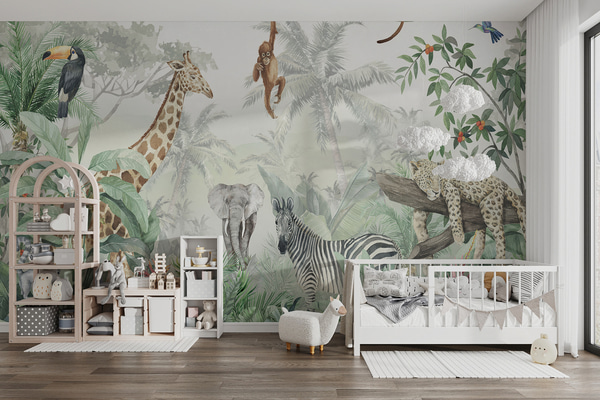 Papel de parede Panorama da selva com animais, Papel de parede Para Criancas, u74709 : uwalls.com.br