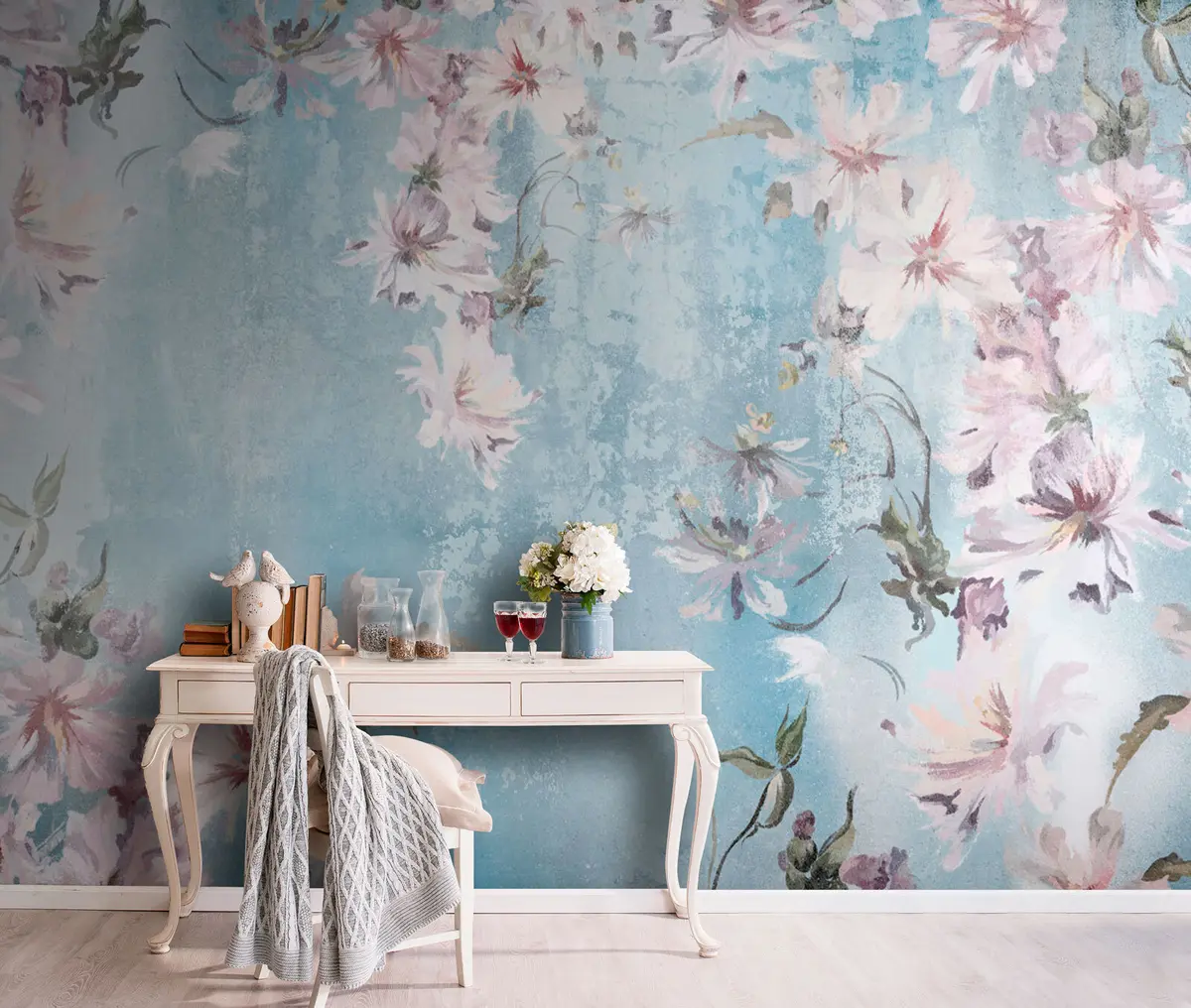 murais de parede Flores brancas e galhos em um fundo azul u74733