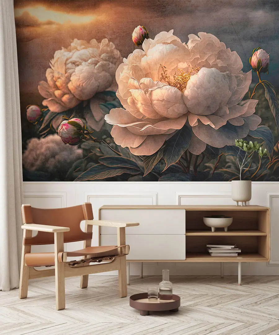 murais de parede Lindas peónias brancas sob os raios do pôr do sol u74774