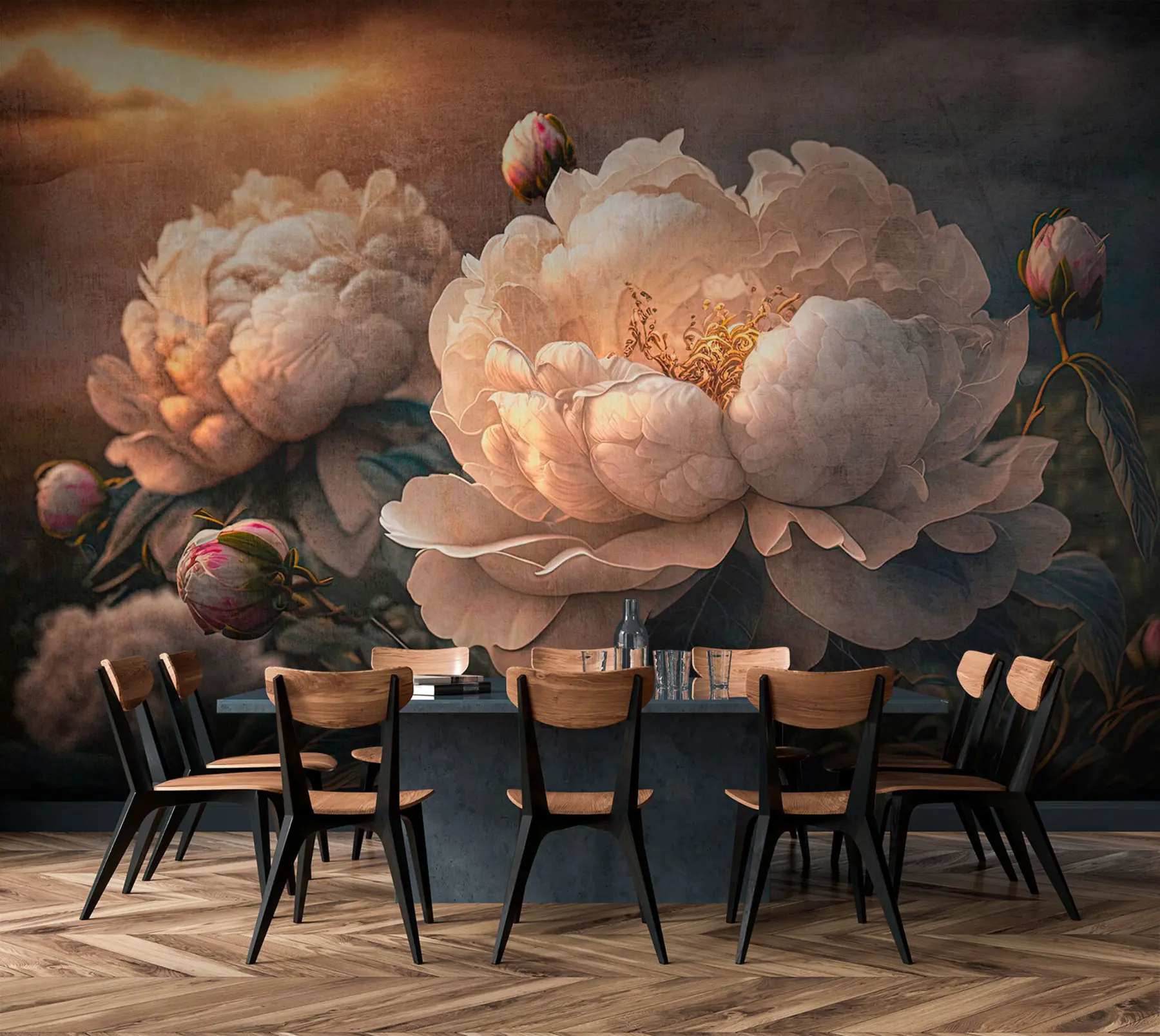 murais de parede Lindas peónias brancas sob os raios do pôr do sol u74774